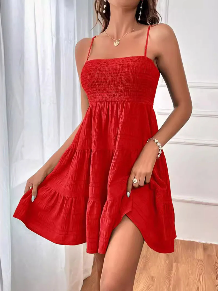 Elasticated Waist High Waisted Pleated Solid Color Split-Joint Spaghetti-Neck Mini Dresses - Image 8