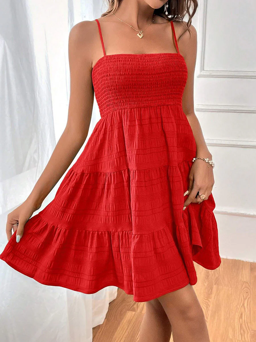 Elasticated Waist High Waisted Pleated Solid Color Split-Joint Spaghetti-Neck Mini Dresses - Image 9