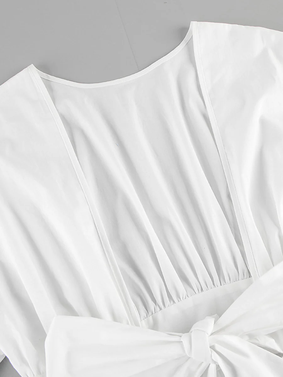 Elasticated Waist High Waisted Pleated Solid Color Split-Joint Tied Waist Round-Neck Blouses&Shirts Tops - Image 10