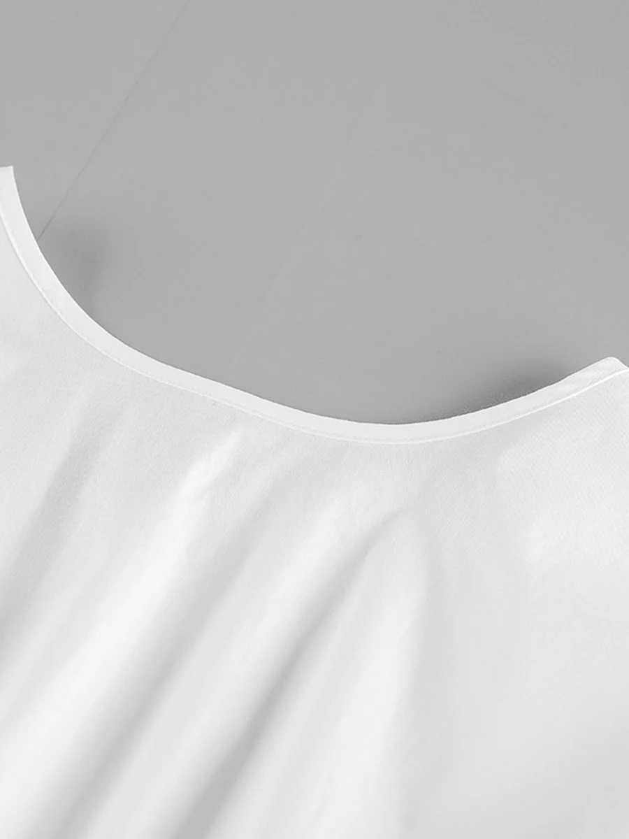 Elasticated Waist High Waisted Pleated Solid Color Split-Joint Tied Waist Round-Neck Blouses&Shirts Tops - Image 11