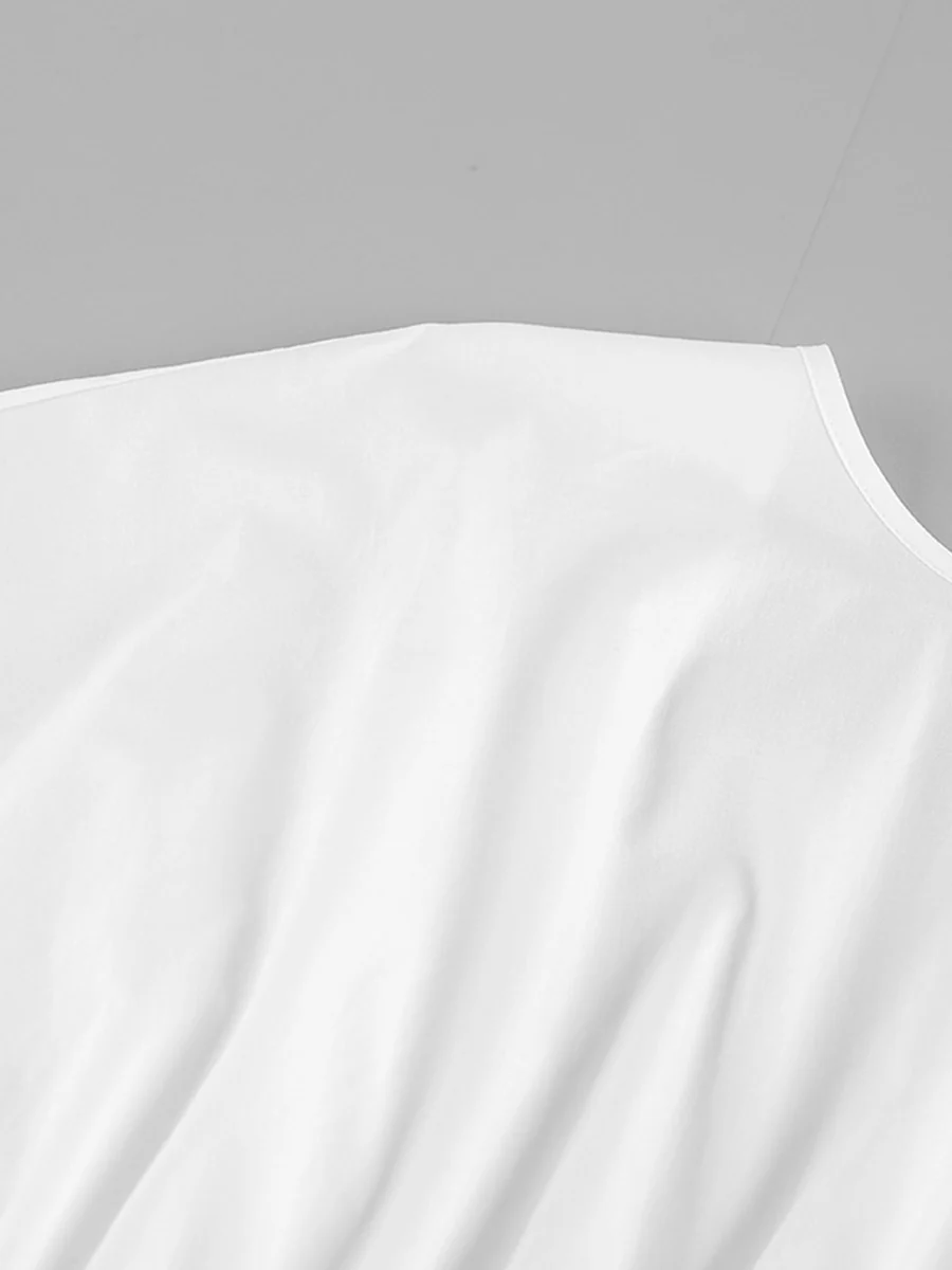 Elasticated Waist High Waisted Pleated Solid Color Split-Joint Tied Waist Round-Neck Blouses&Shirts Tops - Image 12
