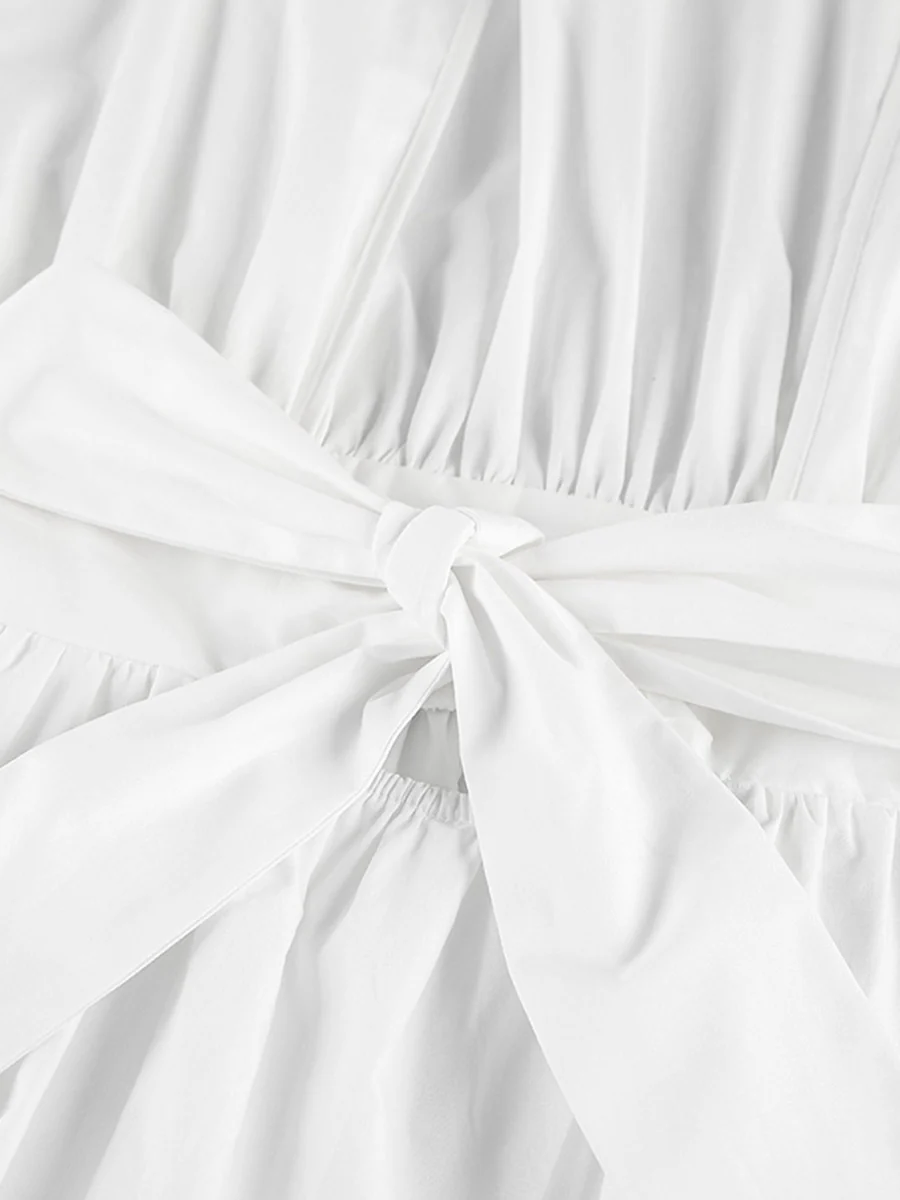Elasticated Waist High Waisted Pleated Solid Color Split-Joint Tied Waist Round-Neck Blouses&Shirts Tops - Image 15