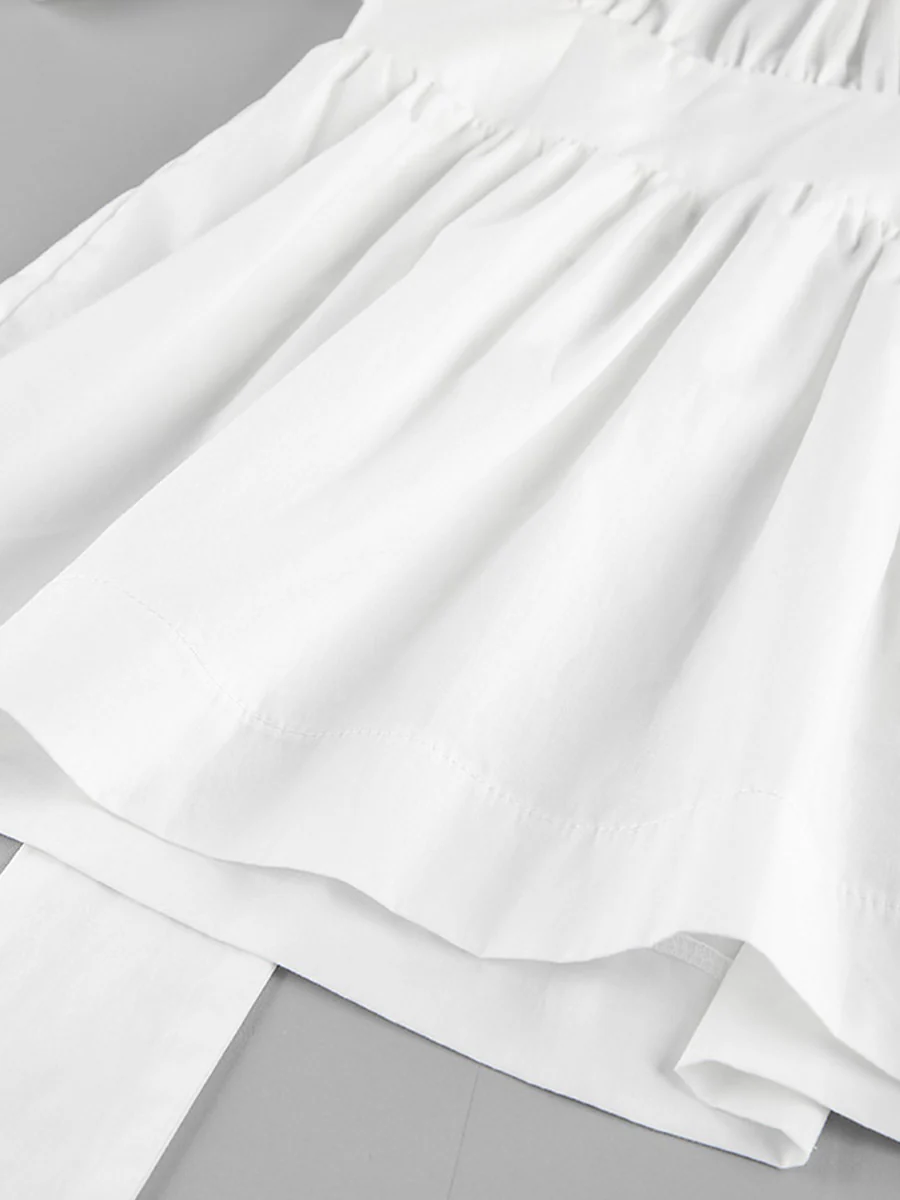 Elasticated Waist High Waisted Pleated Solid Color Split-Joint Tied Waist Round-Neck Blouses&Shirts Tops - Image 17
