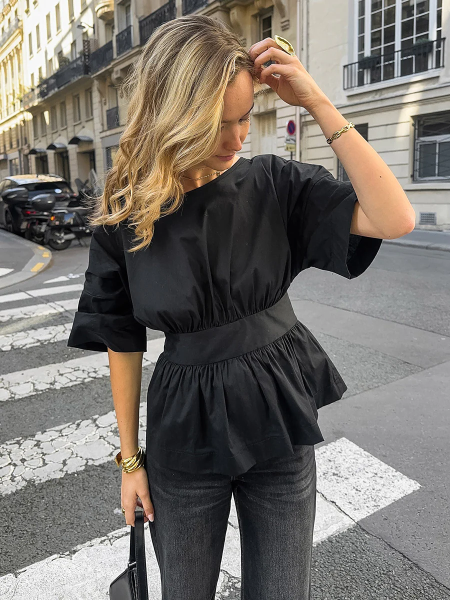 Elasticated Waist High Waisted Pleated Solid Color Split-Joint Tied Waist Round-Neck Blouses&Shirts Tops - Image 2