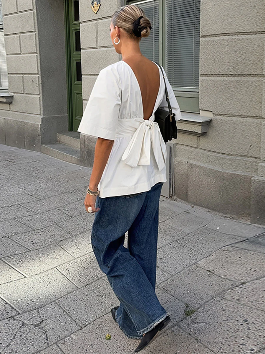Elasticated Waist High Waisted Pleated Solid Color Split-Joint Tied Waist Round-Neck Blouses&Shirts Tops - Image 6