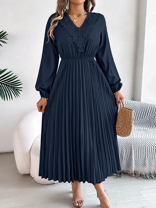 Elasticated Waist High Waisted Pleated Solid Color V-Neck Midi Dresses - Image 10