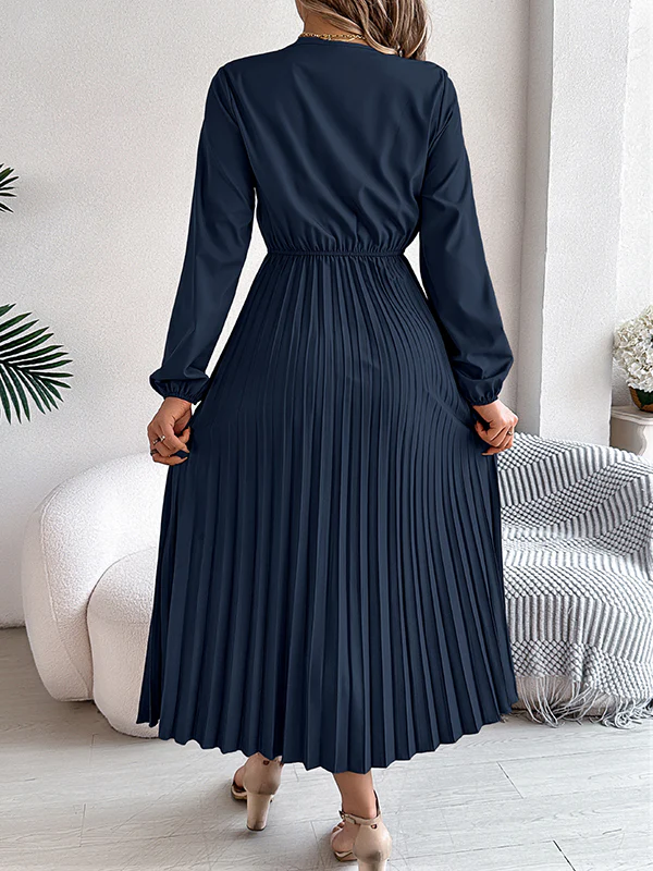 Elasticated Waist High Waisted Pleated Solid Color V-Neck Midi Dresses - Image 12