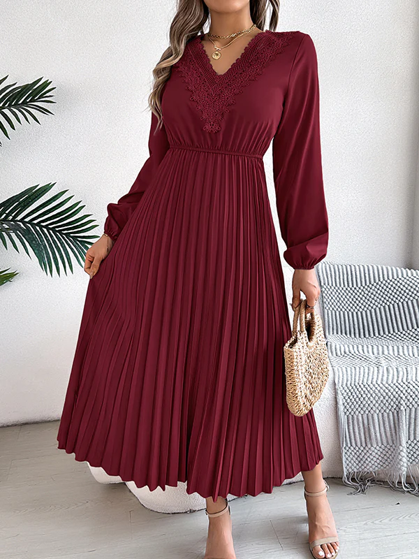 Elasticated Waist High Waisted Pleated Solid Color V-Neck Midi Dresses - Image 13