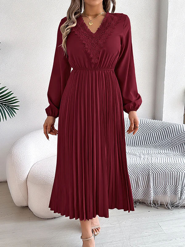 Elasticated Waist High Waisted Pleated Solid Color V-Neck Midi Dresses - Image 14
