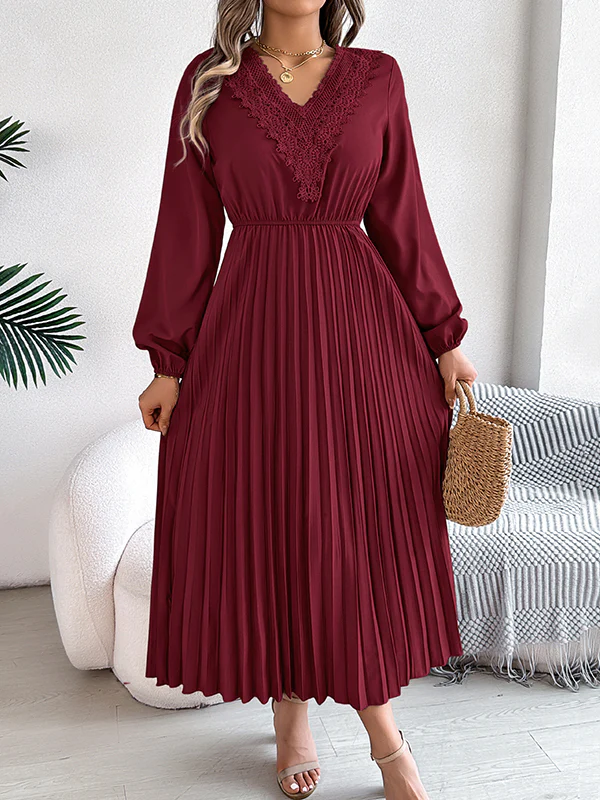 Elasticated Waist High Waisted Pleated Solid Color V-Neck Midi Dresses - Image 15