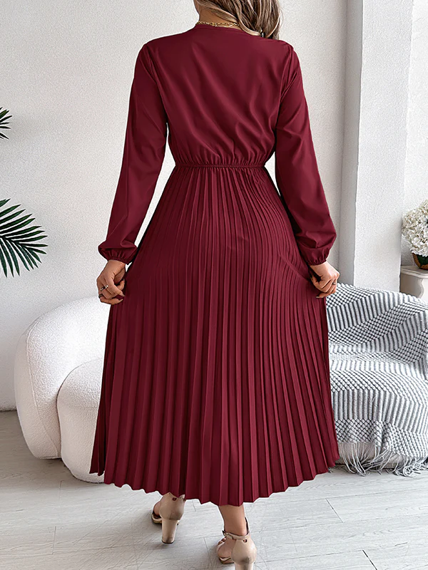 Elasticated Waist High Waisted Pleated Solid Color V-Neck Midi Dresses - Image 17