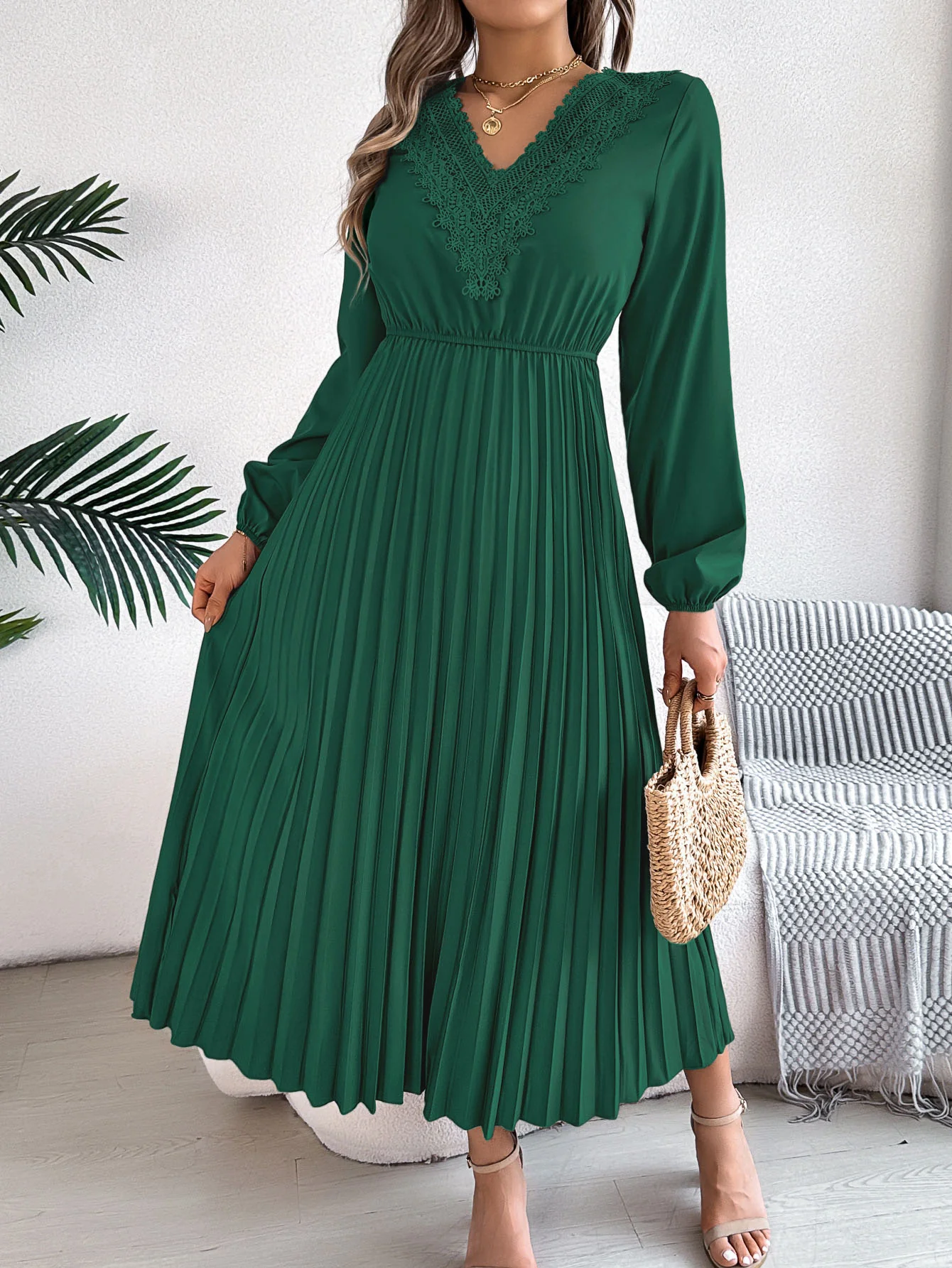 Elasticated Waist High Waisted Pleated Solid Color V-Neck Midi Dresses - Image 18