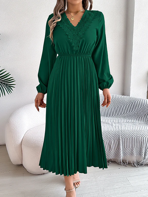 Elasticated Waist High Waisted Pleated Solid Color V-Neck Midi Dresses - Image 19