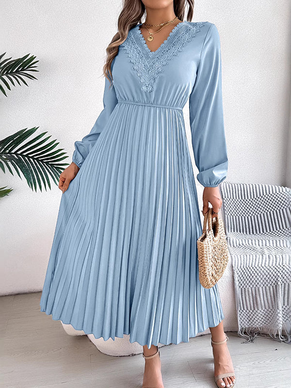Elasticated Waist High Waisted Pleated Solid Color V-Neck Midi Dresses - Image 2