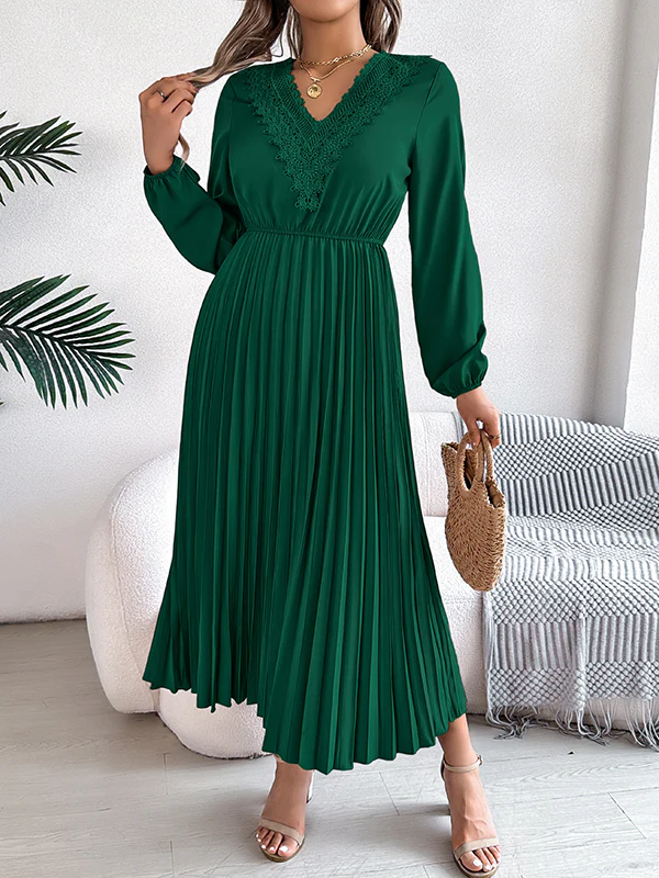 Elasticated Waist High Waisted Pleated Solid Color V-Neck Midi Dresses - Image 20