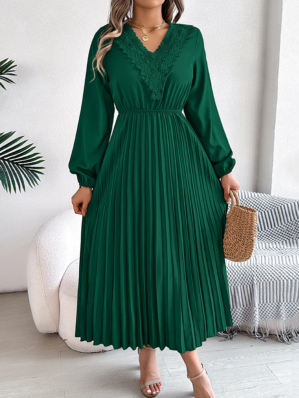 Elasticated Waist High Waisted Pleated Solid Color V-Neck Midi Dresses - Image 21