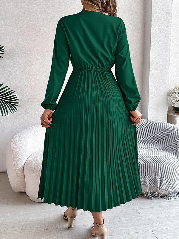 Elasticated Waist High Waisted Pleated Solid Color V-Neck Midi Dresses - Image 23