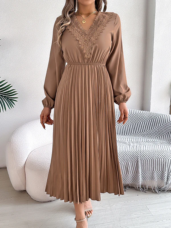 Elasticated Waist High Waisted Pleated Solid Color V-Neck Midi Dresses - Image 24