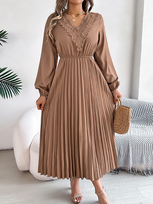 Elasticated Waist High Waisted Pleated Solid Color V-Neck Midi Dresses - Image 25
