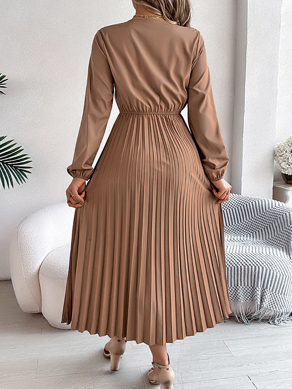 Elasticated Waist High Waisted Pleated Solid Color V-Neck Midi Dresses - Image 27