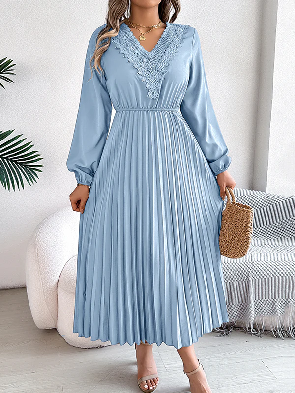 Elasticated Waist High Waisted Pleated Solid Color V-Neck Midi Dresses - Image 3