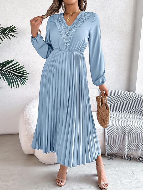 Elasticated Waist High Waisted Pleated Solid Color V-Neck Midi Dresses - Image 4