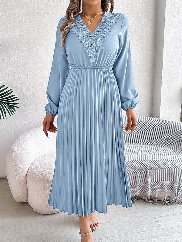Elasticated Waist High Waisted Pleated Solid Color V-Neck Midi Dresses - Image 5