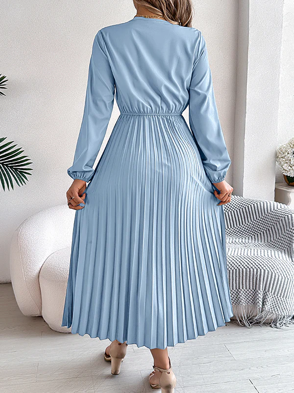Elasticated Waist High Waisted Pleated Solid Color V-Neck Midi Dresses - Image 7