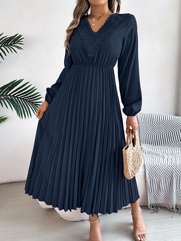 Elasticated Waist High Waisted Pleated Solid Color V-Neck Midi Dresses - Image 8