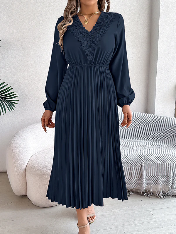 Elasticated Waist High Waisted Pleated Solid Color V-Neck Midi Dresses - Image 9