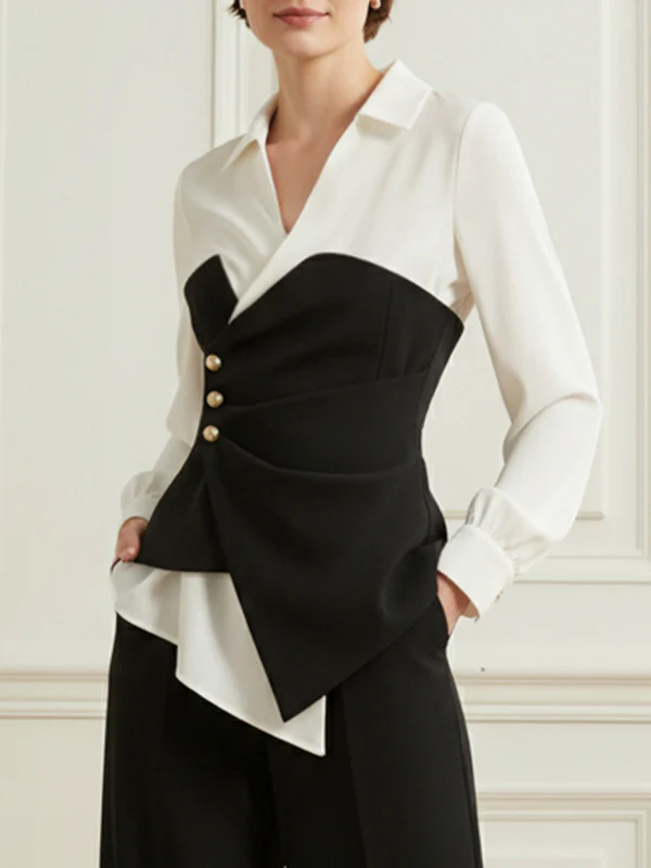 Elasticated Waist Irregularity Asymmetric Buttoned Contrast Color Split-Joint V-Neck Blouses&Shirts Tops - Image 2