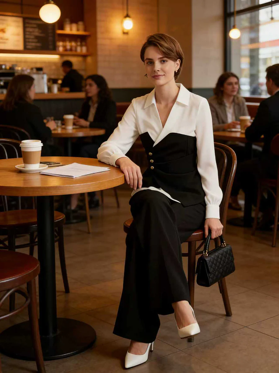 Elasticated Waist Irregularity Asymmetric Buttoned Contrast Color Split-Joint V-Neck Blouses&Shirts Tops - Image 3