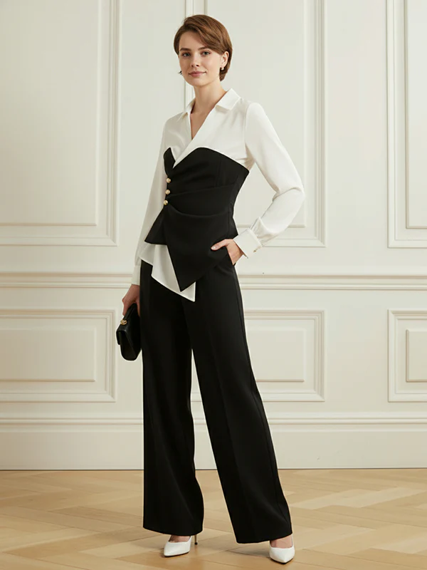 Elasticated Waist Irregularity Asymmetric Buttoned Contrast Color Split-Joint V-Neck Blouses&Shirts Tops - Image 4