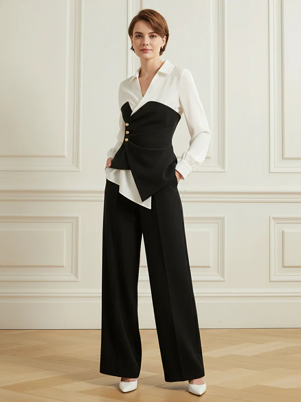 Elasticated Waist Irregularity Asymmetric Buttoned Contrast Color Split-Joint V-Neck Blouses&Shirts Tops - Image 5