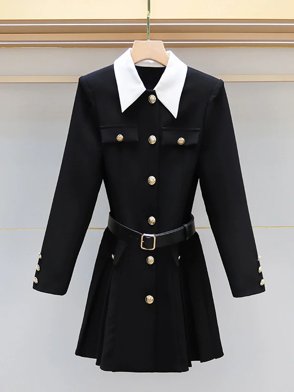 Elasticated Waist Long Sleeves Belted Buttoned Contrast Color Pleated Single-Breasted Lapel Mini Dresses Shirt Dress - Image 2