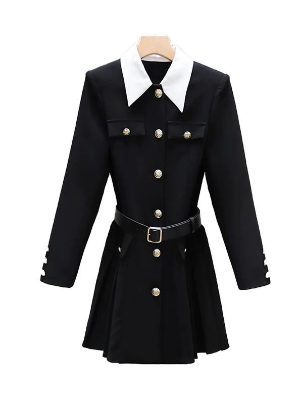 Elasticated Waist Long Sleeves Belted Buttoned Contrast Color Pleated Single-Breasted Lapel Mini Dresses Shirt Dress - Image 3