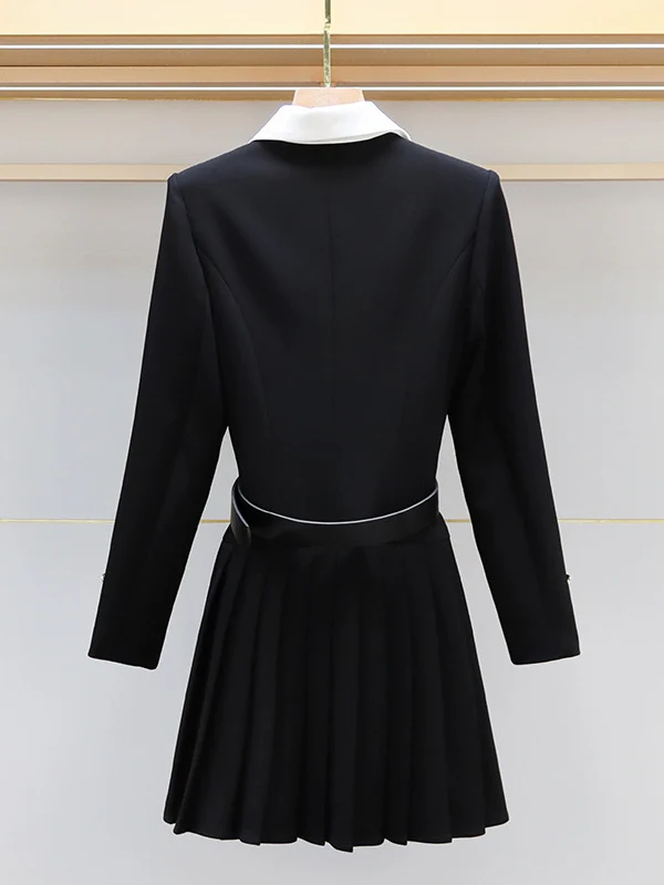 Elasticated Waist Long Sleeves Belted Buttoned Contrast Color Pleated Single-Breasted Lapel Mini Dresses Shirt Dress - Image 4
