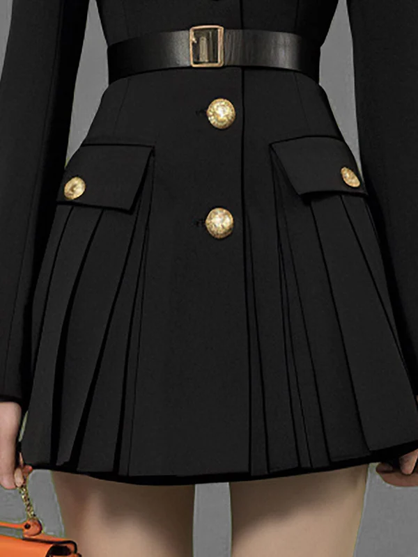 Elasticated Waist Long Sleeves Belted Buttoned Contrast Color Pleated Single-Breasted Lapel Mini Dresses Shirt Dress - Image 5