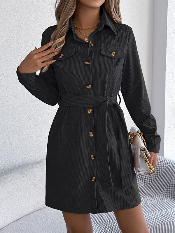 Elasticated Waist Long Sleeves Belted Buttoned Single-Breasted Solid Color Lapel Collar Mini Dresses Shirt Dress - Image 10