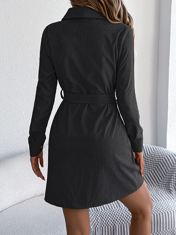 Elasticated Waist Long Sleeves Belted Buttoned Single-Breasted Solid Color Lapel Collar Mini Dresses Shirt Dress - Image 12