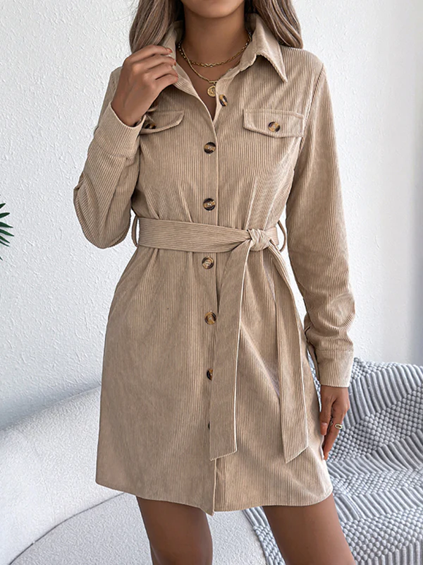 Elasticated Waist Long Sleeves Belted Buttoned Single-Breasted Solid Color Lapel Collar Mini Dresses Shirt Dress - Image 13