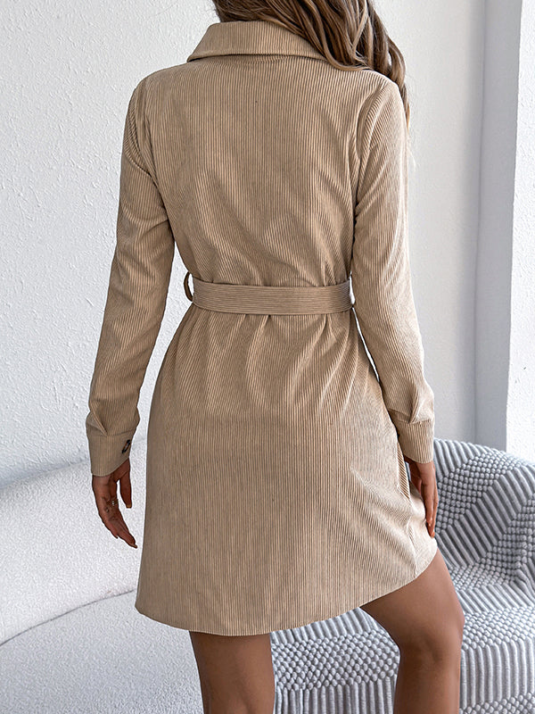 Elasticated Waist Long Sleeves Belted Buttoned Single-Breasted Solid Color Lapel Collar Mini Dresses Shirt Dress - Image 17