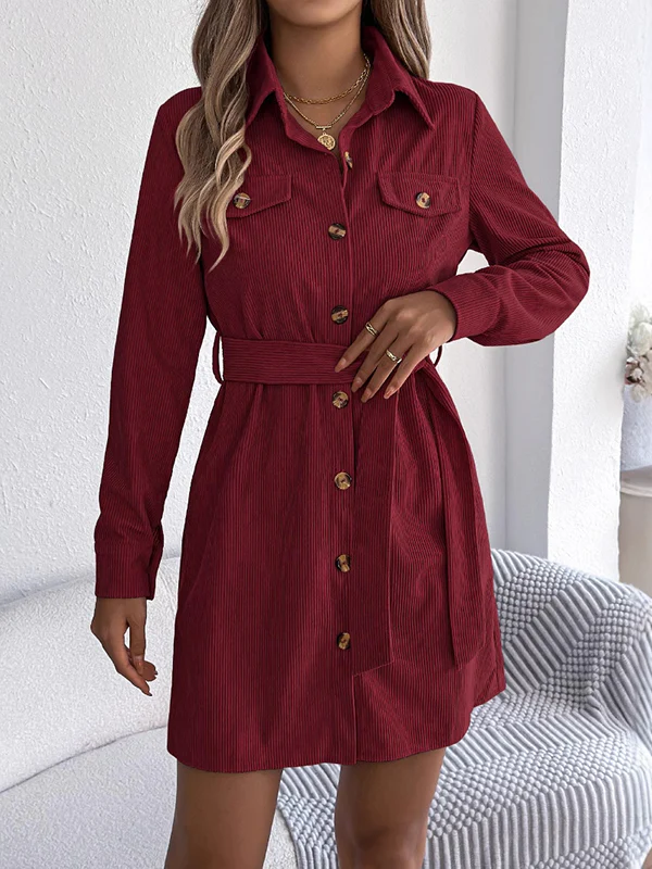 Elasticated Waist Long Sleeves Belted Buttoned Single-Breasted Solid Color Lapel Collar Mini Dresses Shirt Dress - Image 3