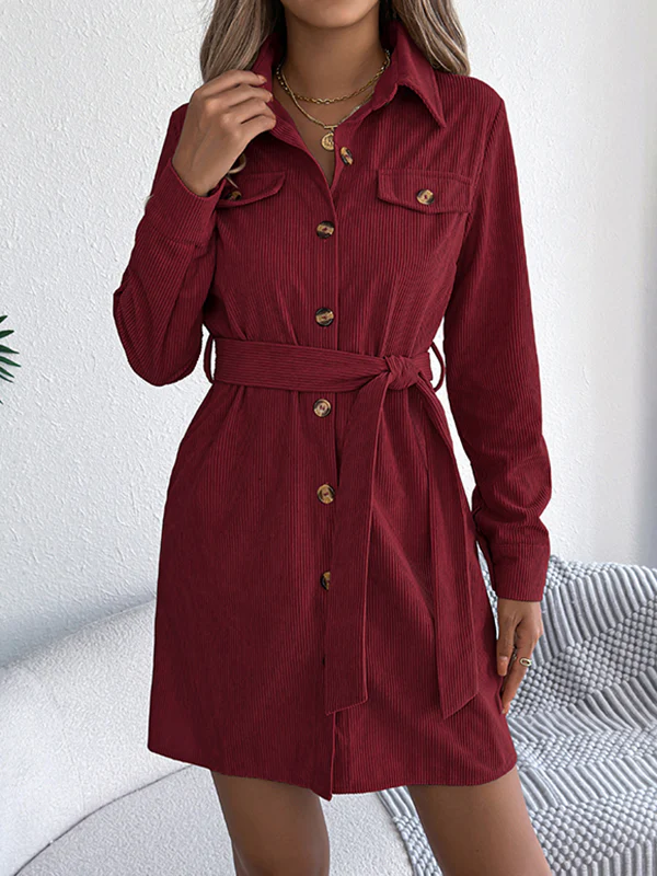 Elasticated Waist Long Sleeves Belted Buttoned Single-Breasted Solid Color Lapel Collar Mini Dresses Shirt Dress - Image 5