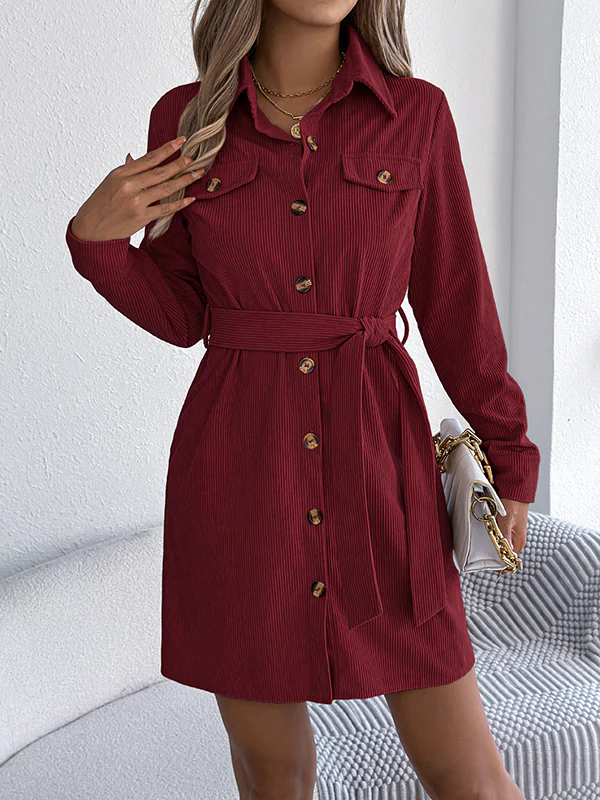 Elasticated Waist Long Sleeves Belted Buttoned Single-Breasted Solid Color Lapel Collar Mini Dresses Shirt Dress - Image 6