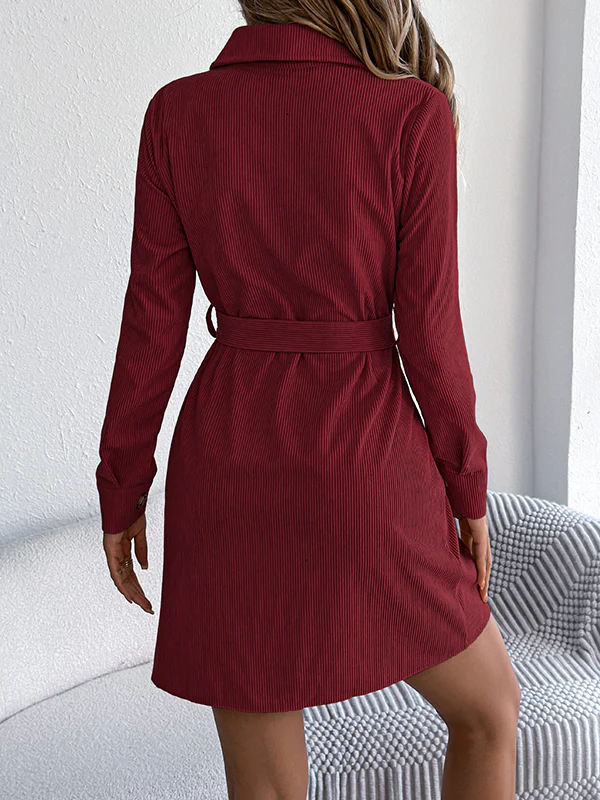 Elasticated Waist Long Sleeves Belted Buttoned Single-Breasted Solid Color Lapel Collar Mini Dresses Shirt Dress - Image 7