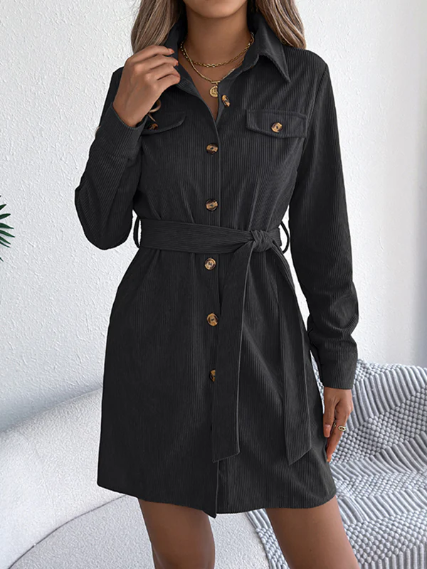 Elasticated Waist Long Sleeves Belted Buttoned Single-Breasted Solid Color Lapel Collar Mini Dresses Shirt Dress - Image 9