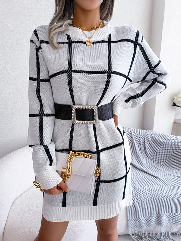 Elasticated Waist Long Sleeves Belted Contrast Color Plaid Round-Neck Mini Dresses Sweater Dresses - Image 10