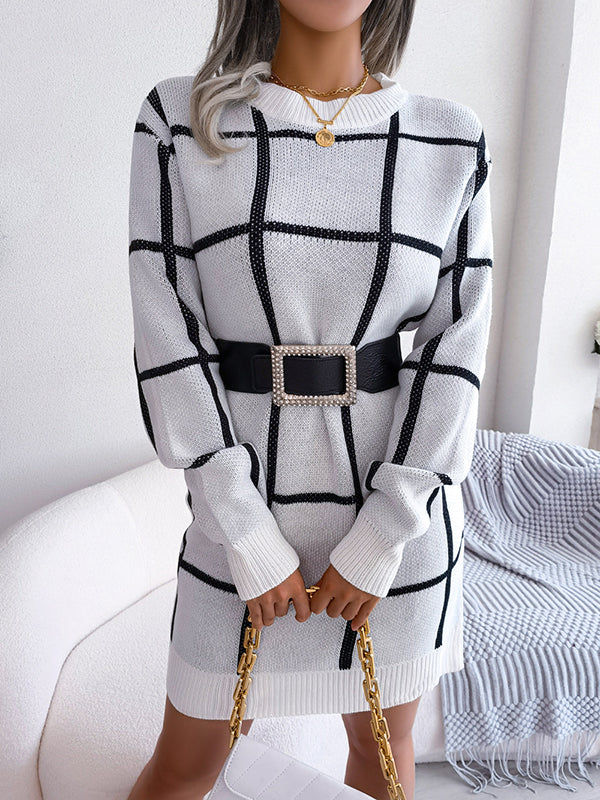 Elasticated Waist Long Sleeves Belted Contrast Color Plaid Round-Neck Mini Dresses Sweater Dresses - Image 11