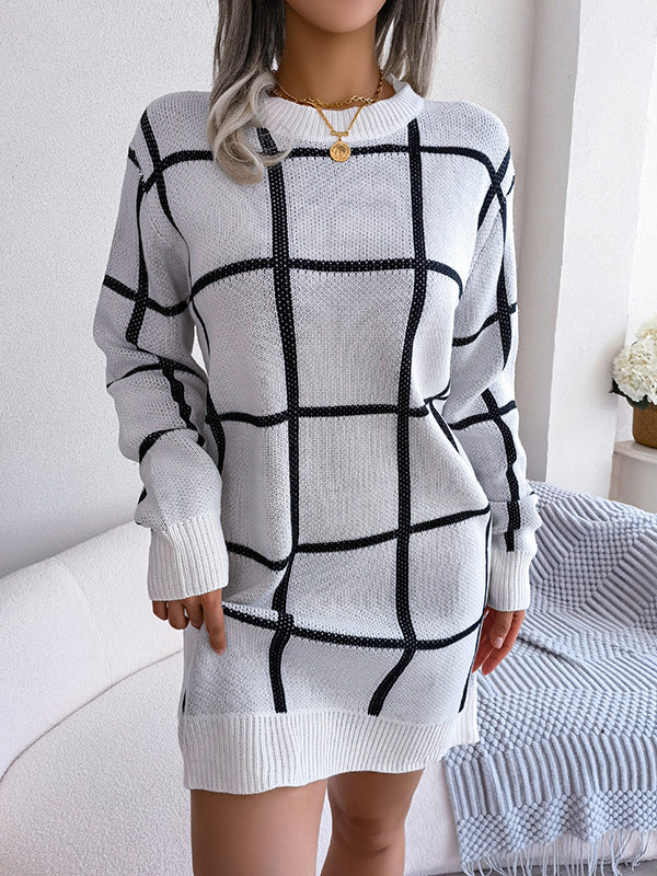 Elasticated Waist Long Sleeves Belted Contrast Color Plaid Round-Neck Mini Dresses Sweater Dresses - Image 14
